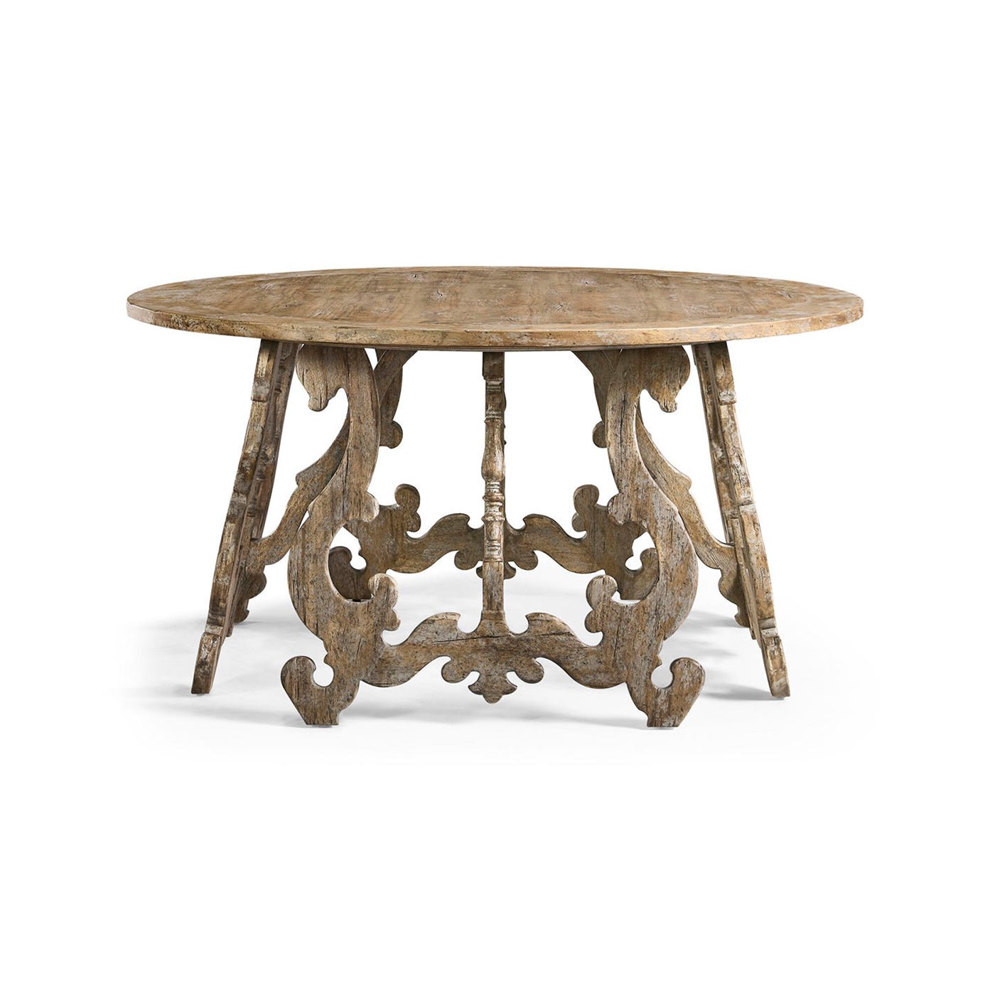Rustic oak center table highlighting detailed leg design.