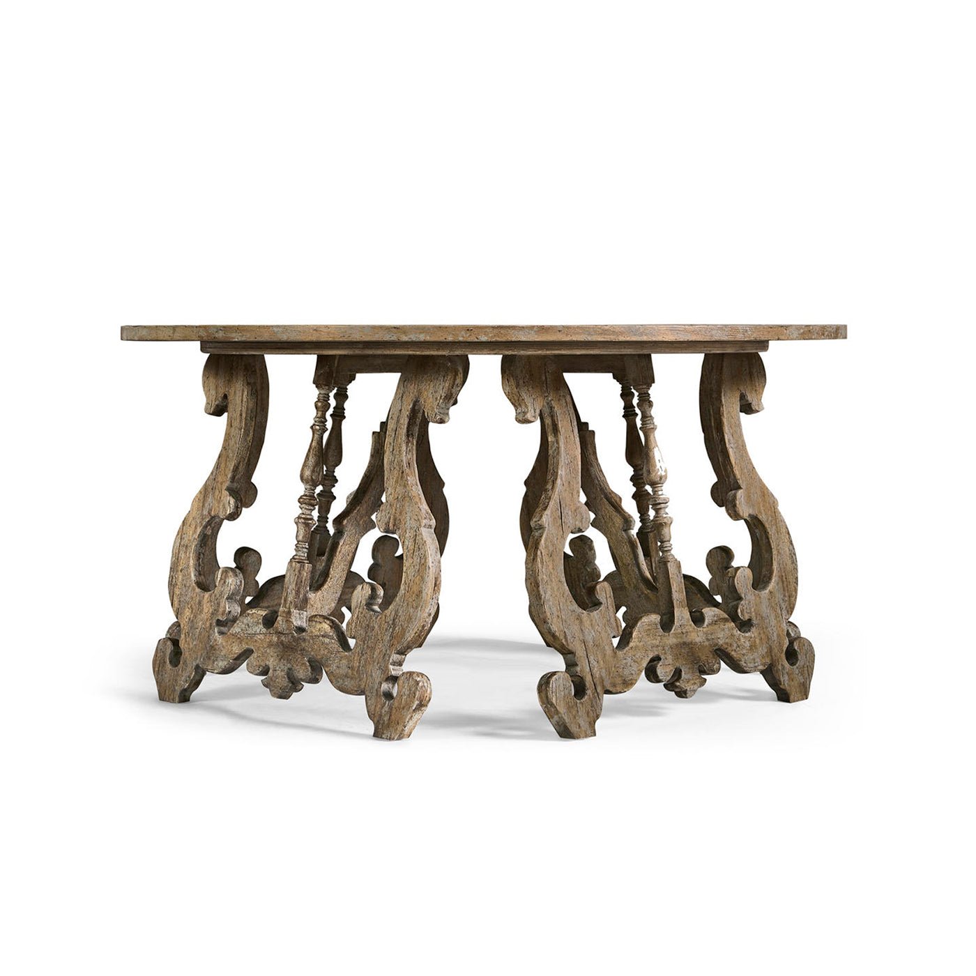 Oak center table with intricate carved legs, side profile.