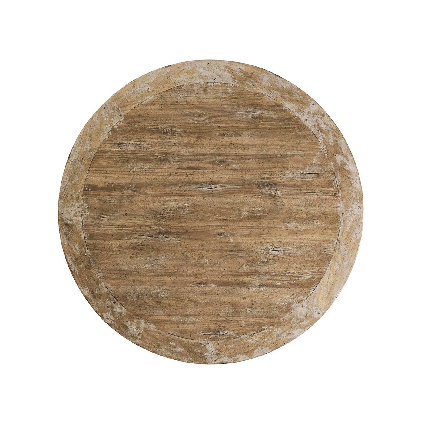 Top view of round oak center table surface.