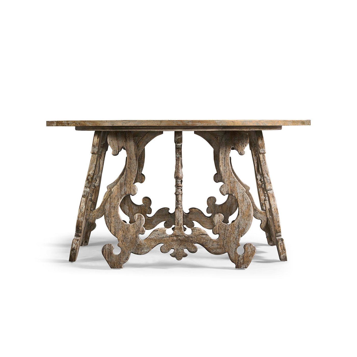 Center table with carved base, front view.