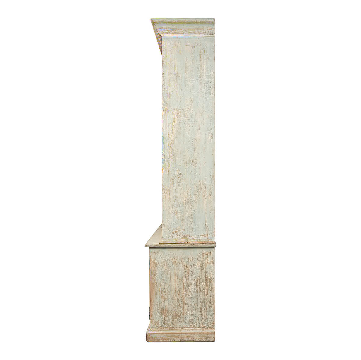 Side profile of rustic painted bookcase showcasing thickness.