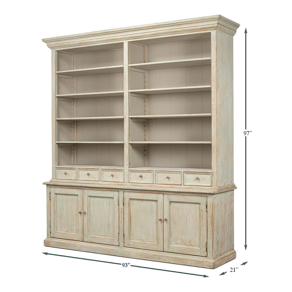 Dimensions of rustic painted bookcase with height, width, depth.