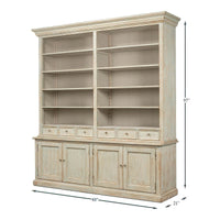Dimensions of rustic painted bookcase with height, width, depth.