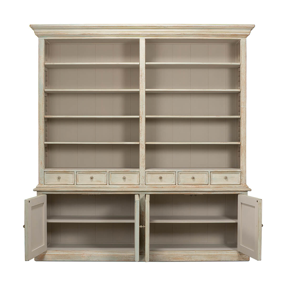 Rustic painted bookcase with open lower cabinet doors.