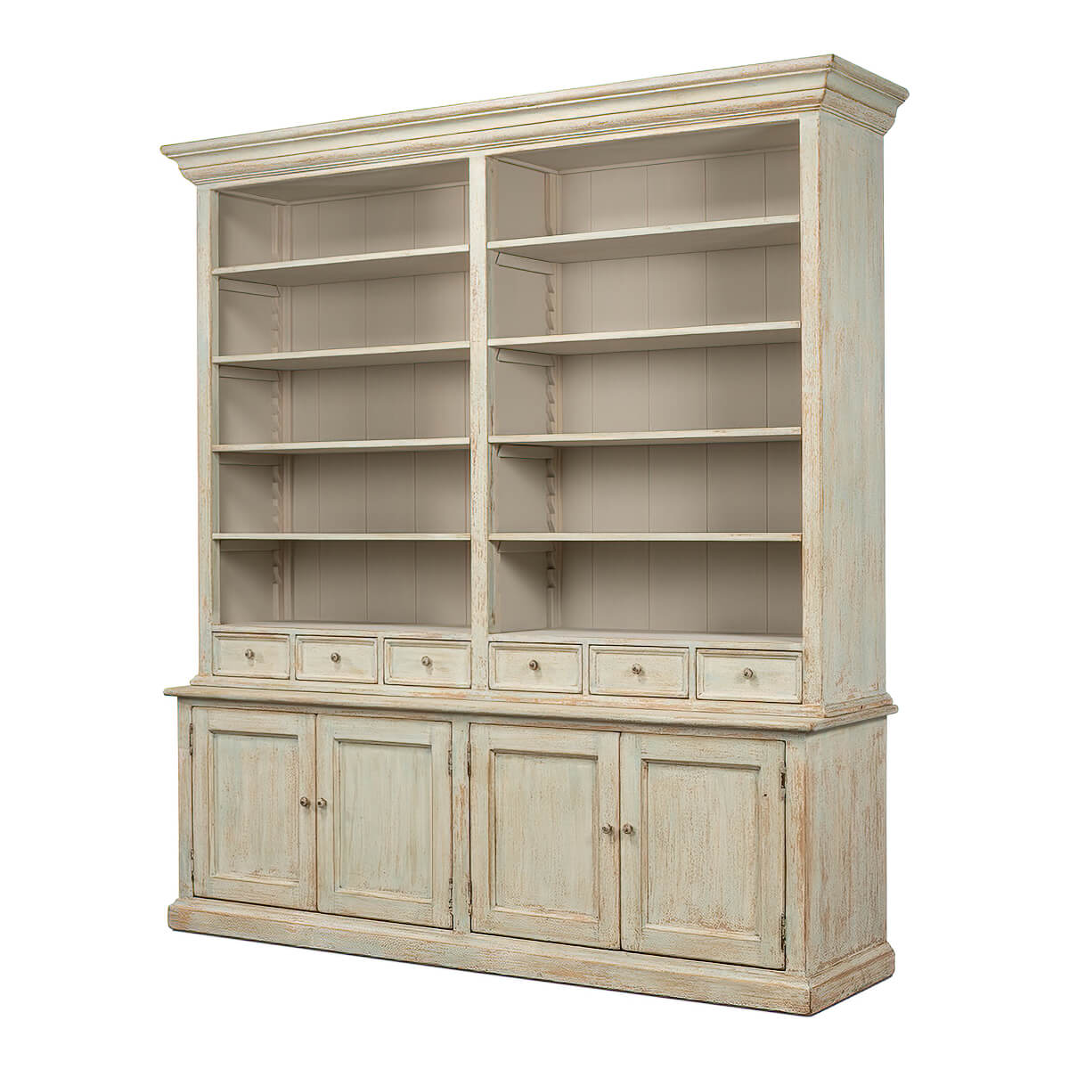 Angled view of rustic painted bookcase with shelves and doors.