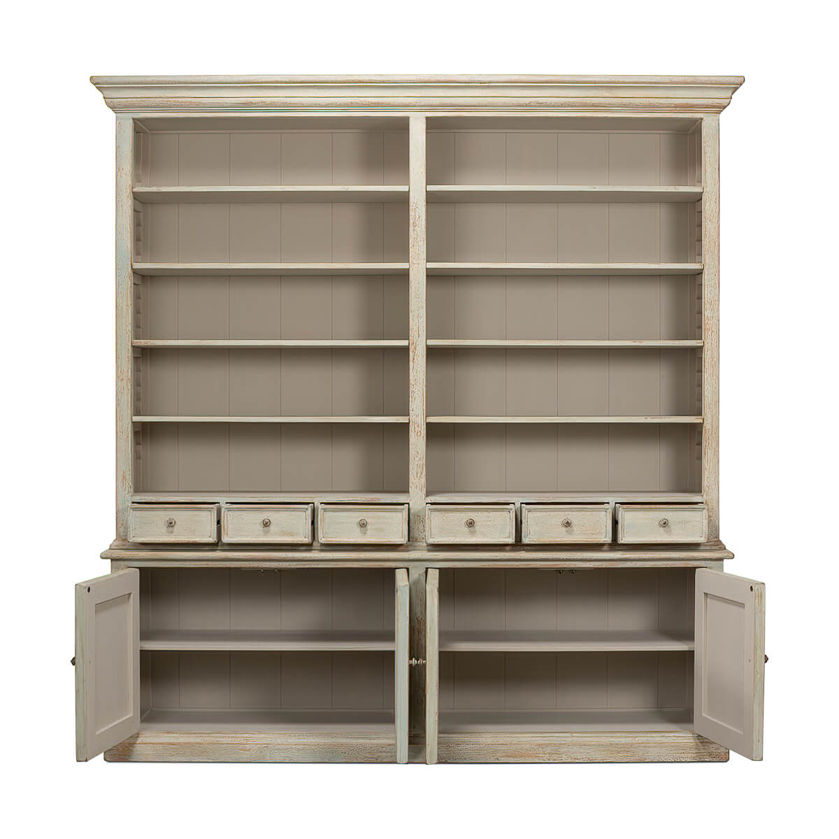 Bookcase drawers open, showing interior of rustic painted bookcase.