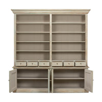 Bookcase drawers open, showing interior of rustic painted bookcase.
