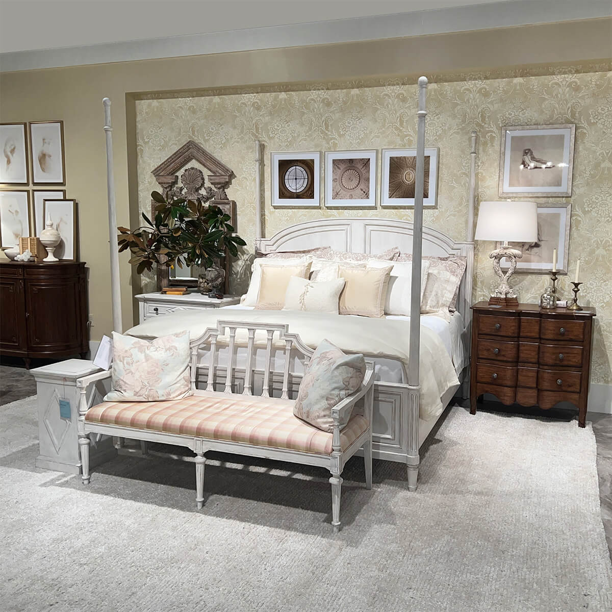 Rustic bed in room, decorative items, styled setting.