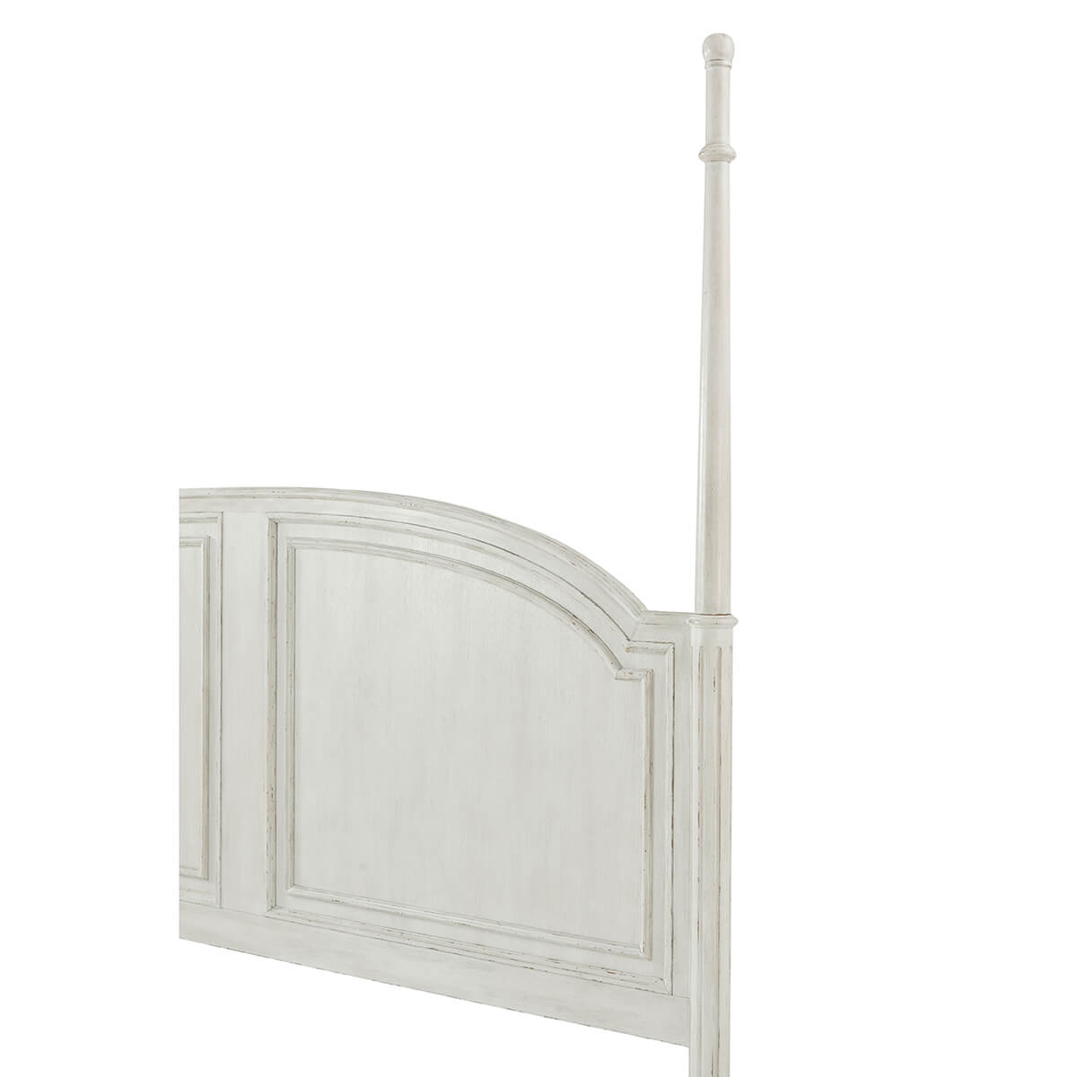 Partial headboard view, rustic bed with post detail.