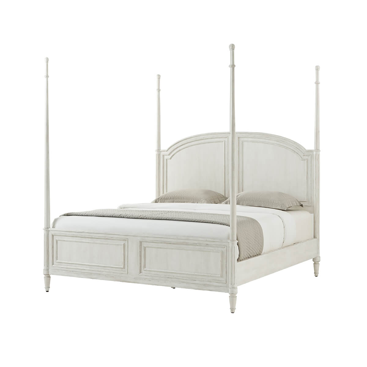 Rustic painted four-post bed, side angle, white bedding.