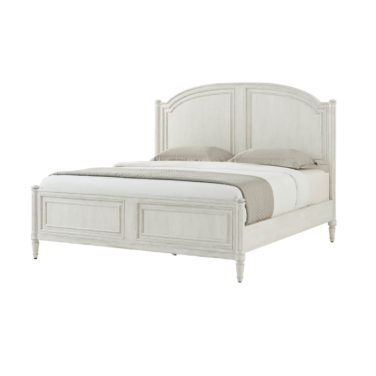 Rustic painted bed without posts, white bedding, side view.
