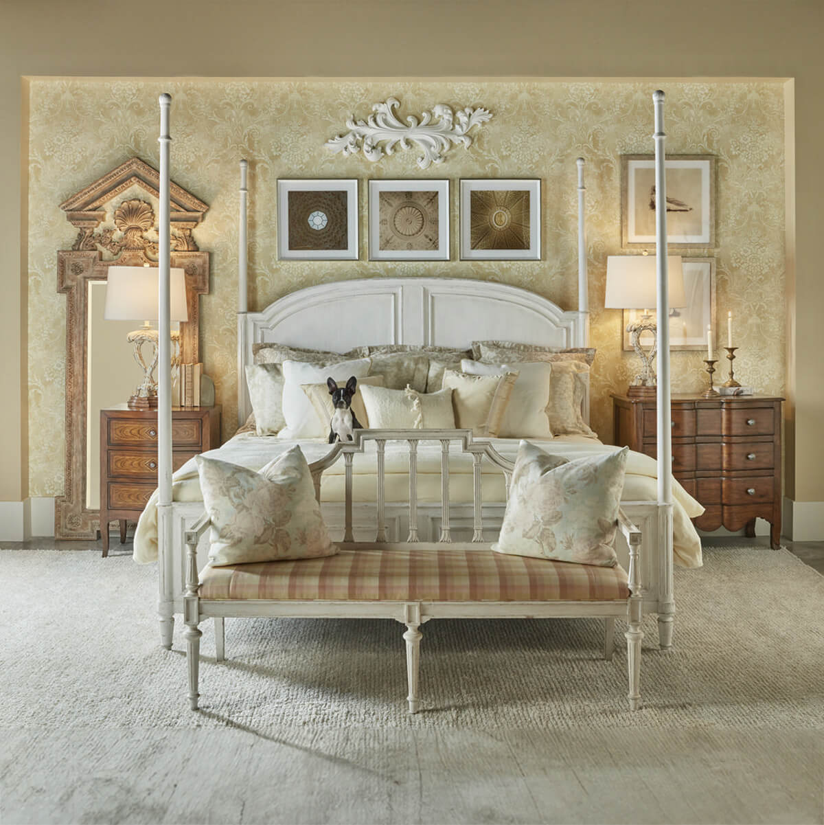 Rustic bed, room setting, decorative wall frames.
