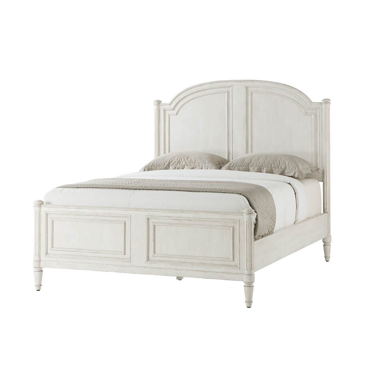 Rustic queen bed without posts, angled front view.