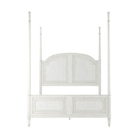 Rustic queen bed with tall posts, head-on view.