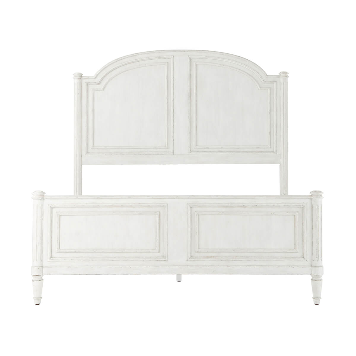 Rustic queen bed without posts, front view close-up.