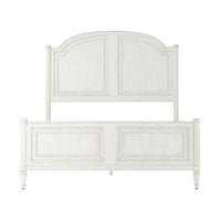 Rustic queen bed without posts, front view close-up.