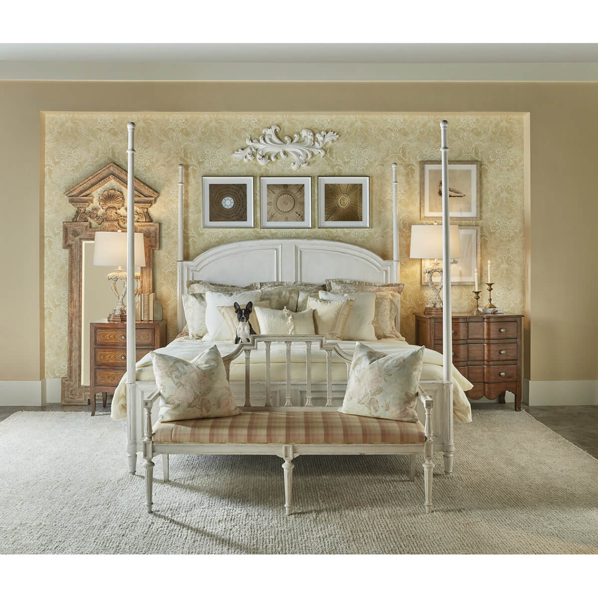 Rustic queen bed in decorated bedroom, styling view.