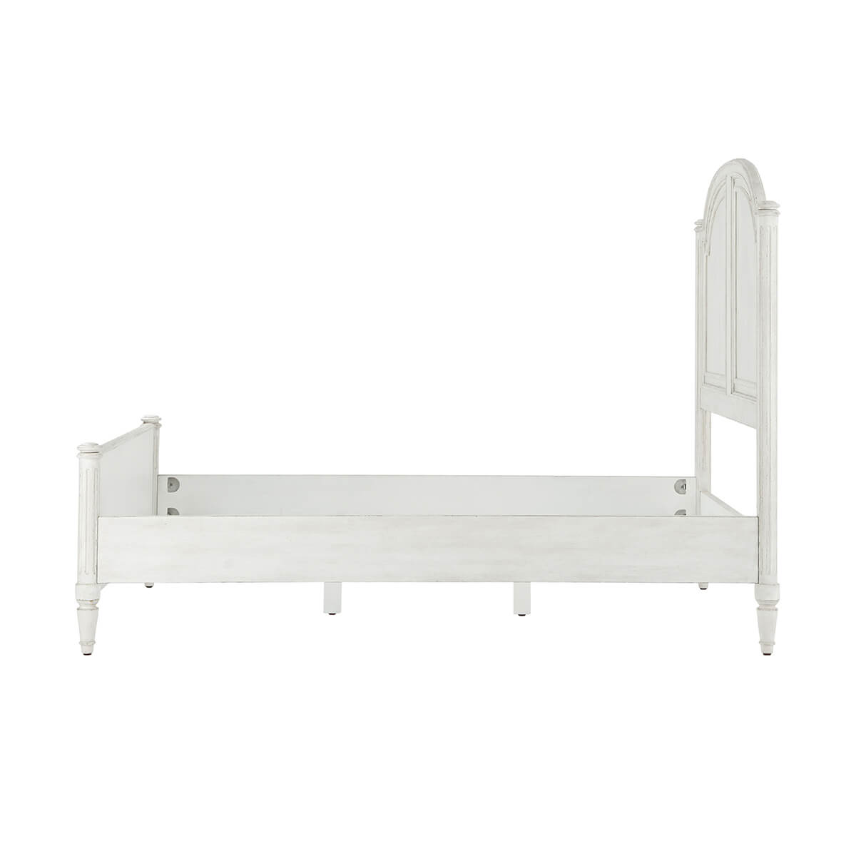 Side view showing frame of rustic queen bed.