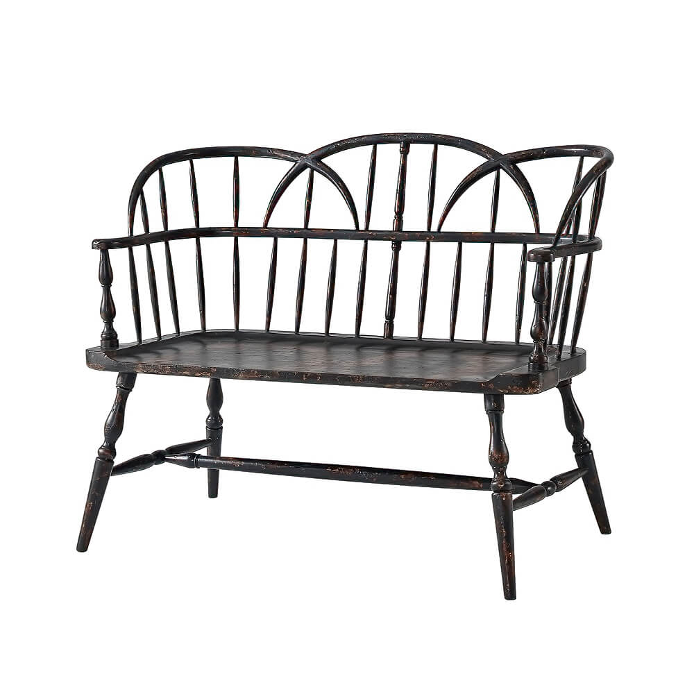 Rustic painted hoop back bench, front view, spindle design.