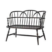Rustic painted hoop back bench, front view, spindle design.