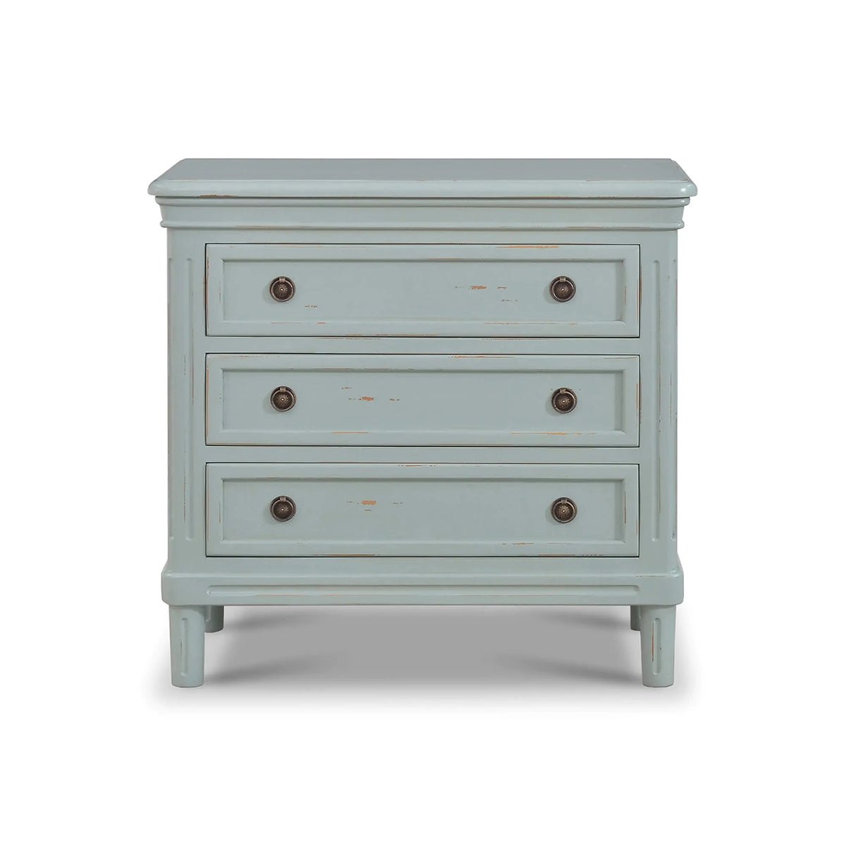 Duck egg blue nightstand, front view, all drawers closed.