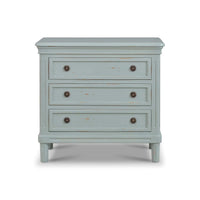 Duck egg blue nightstand, front view, all drawers closed.