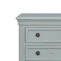 Close-up, nightstand upper section, two closed drawers.