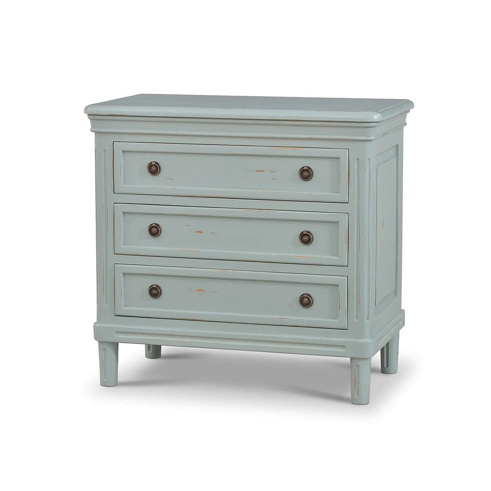 Duck egg blue nightstand, angled view, three drawers closed.