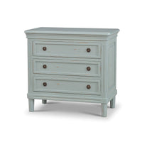 Duck egg blue nightstand, angled view, three drawers closed.