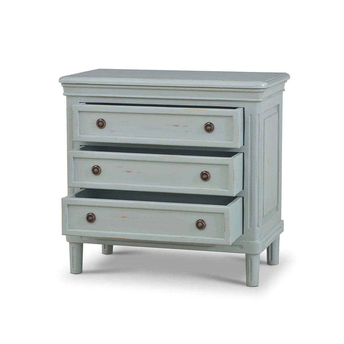Duck egg blue nightstand, angled view, drawers open.