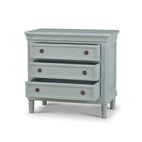 Duck egg blue nightstand, angled view, drawers open.