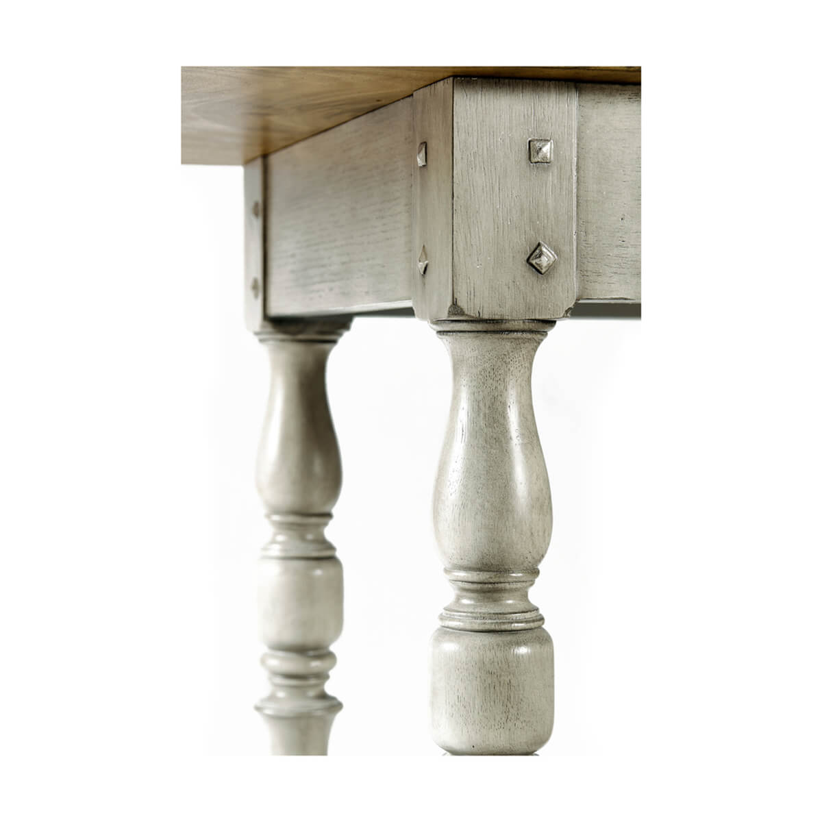 Detailed legs of Rustic Parquetry Hunt Dining Table.