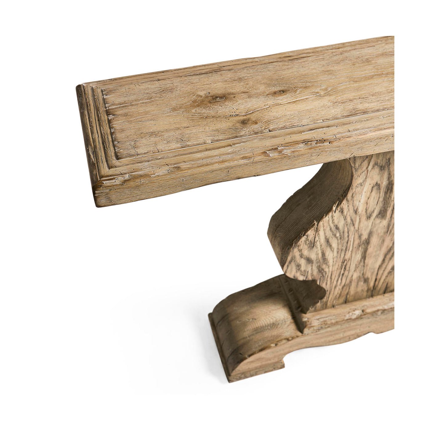 Detailed corner view of rustic console table’s edge finish.