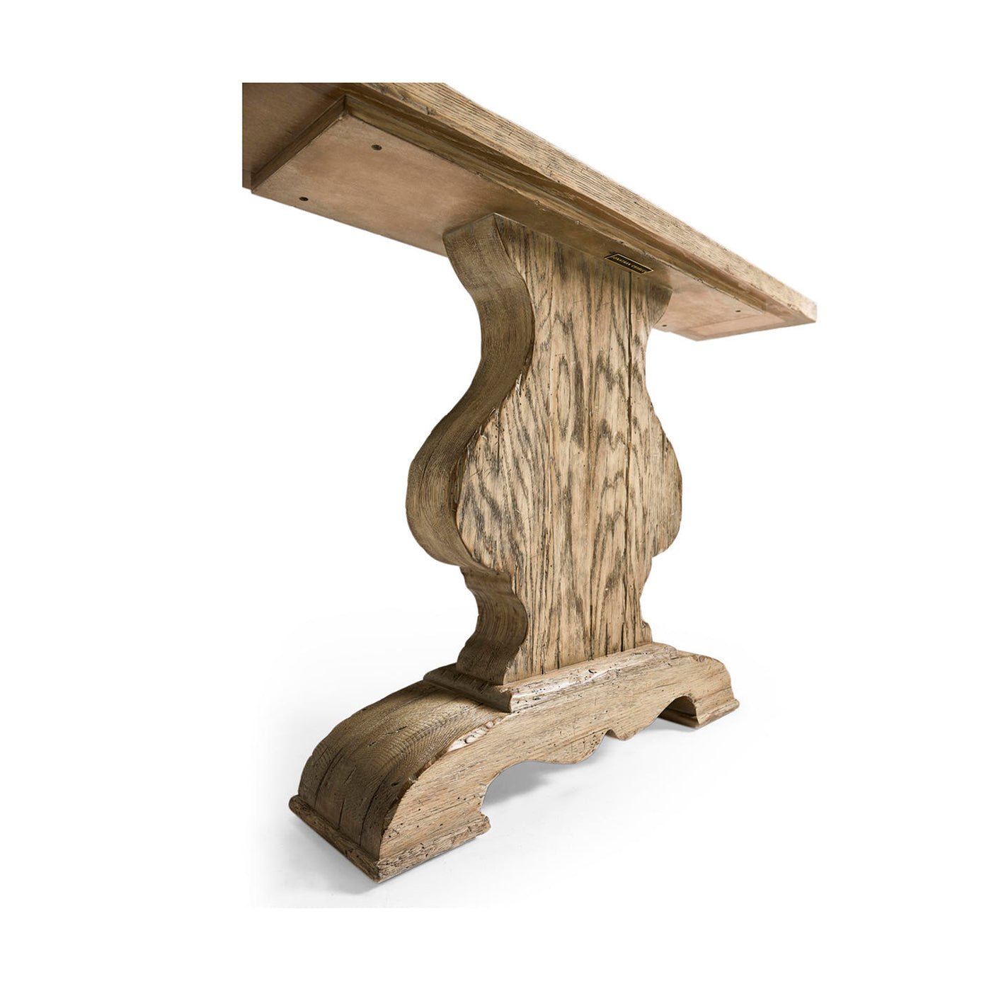 Close-up of console table's ornate pedestal support base.