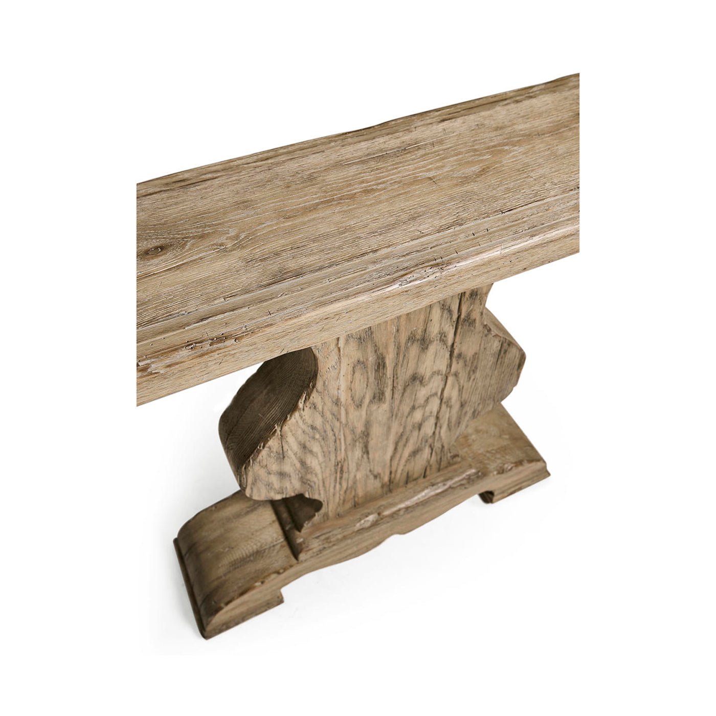 Top view highlighting console table's wooden texture and grain.