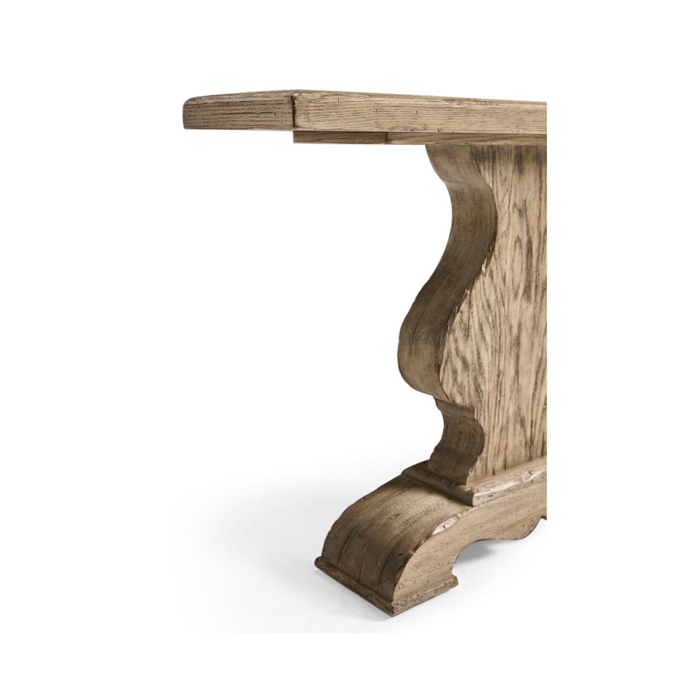 Side profile emphasizing console table's curvy pedestal base.