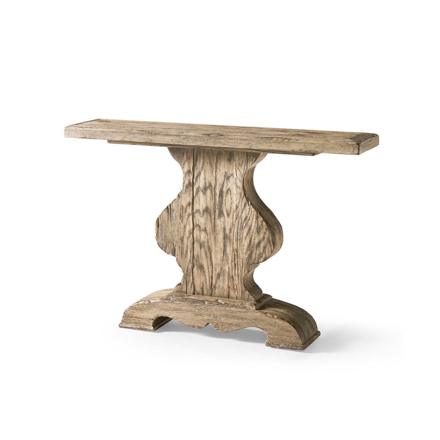 Rustic pedestal console table side view against white background.