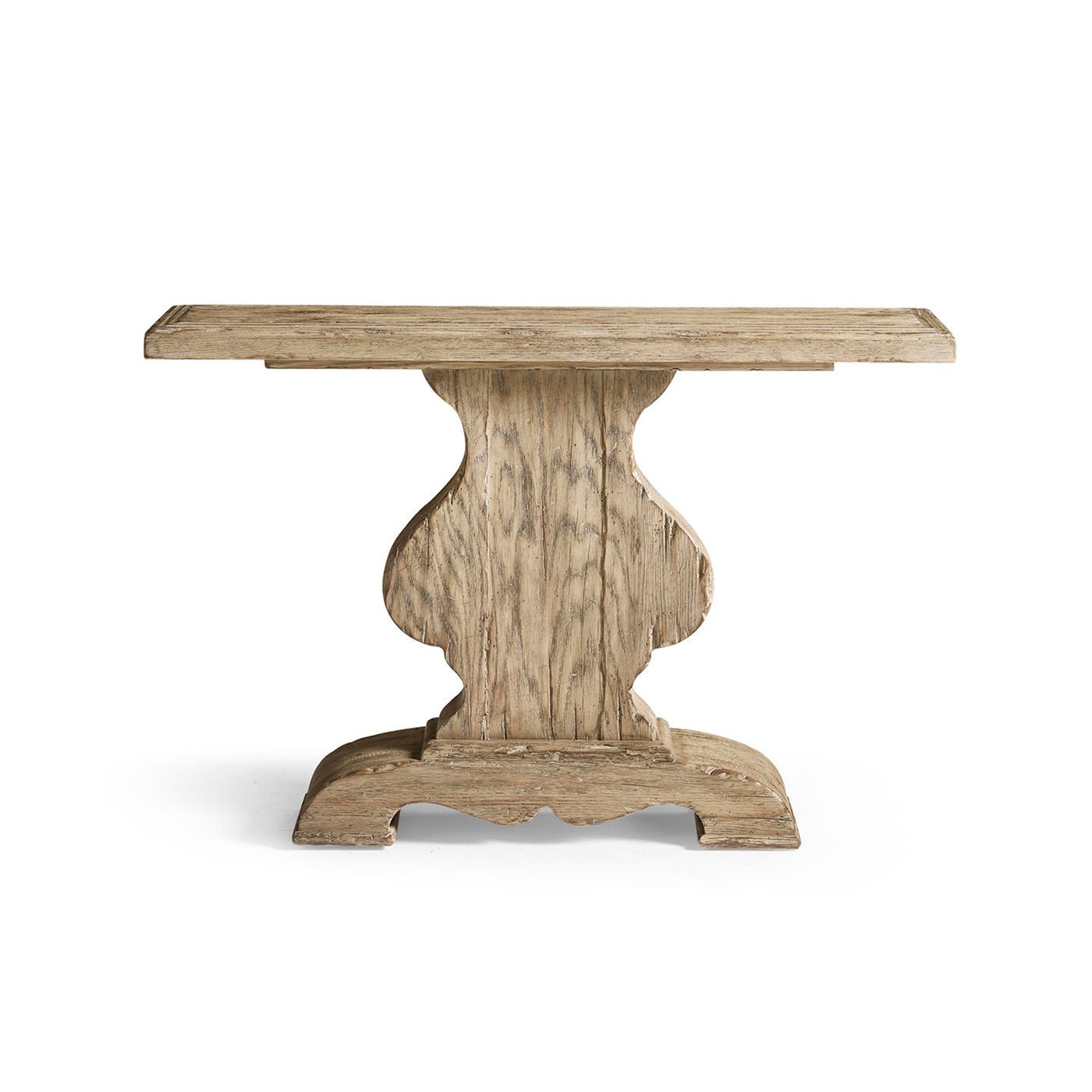 Front view of rustic pedestal console table design.