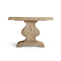 Front view of rustic pedestal console table design.