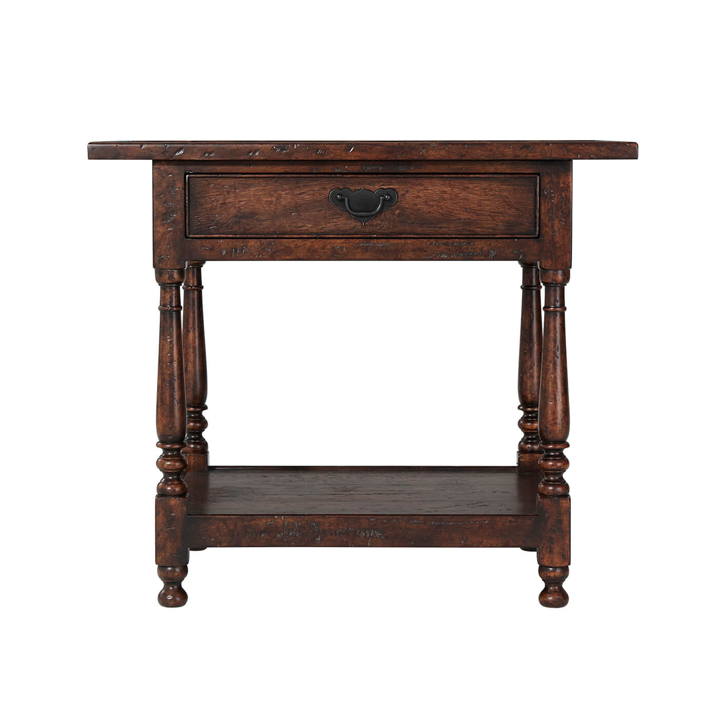 Front view of rustic end table with drawer.