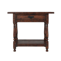 Front view of rustic end table with drawer.