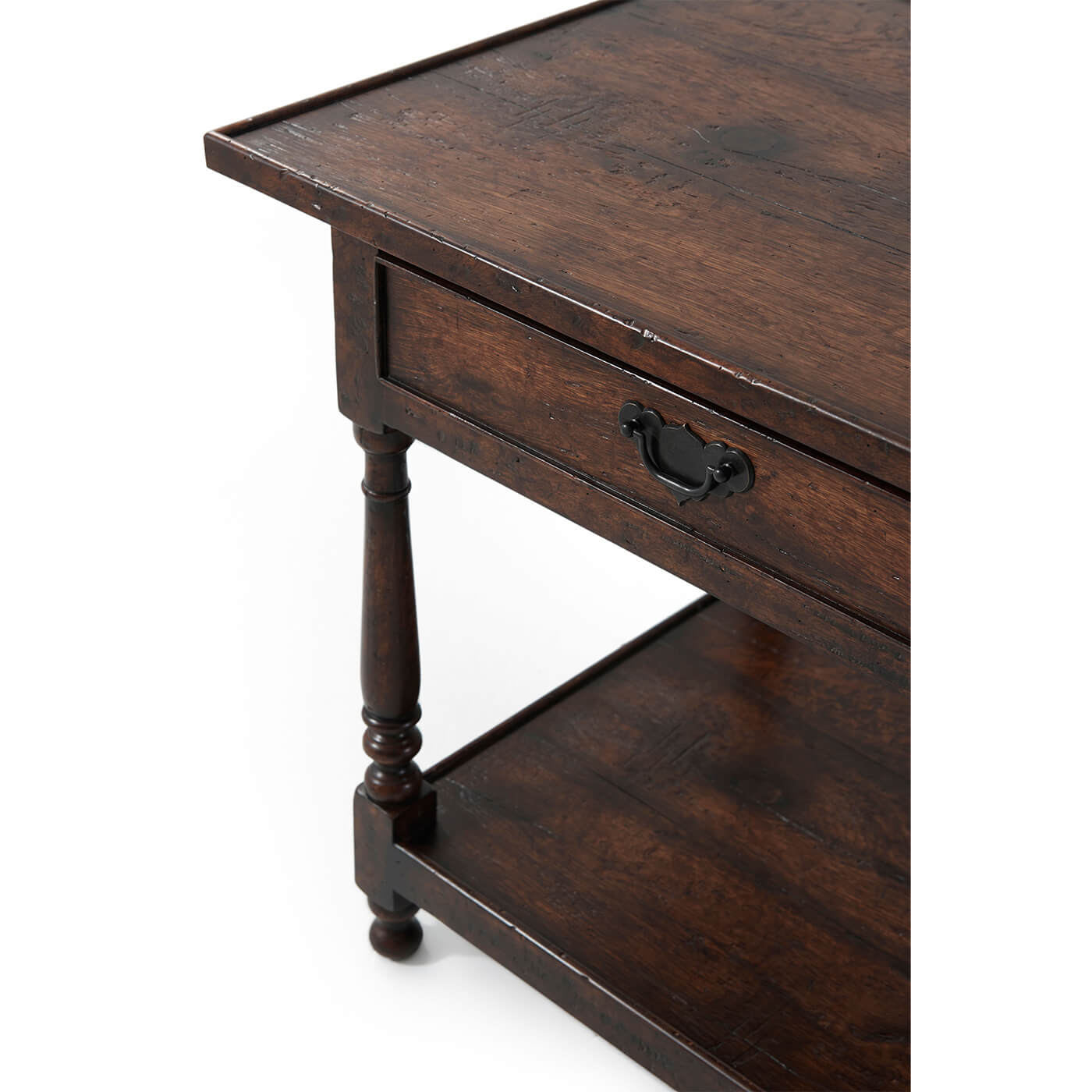 Close-up of rustic end table drawer and corner.