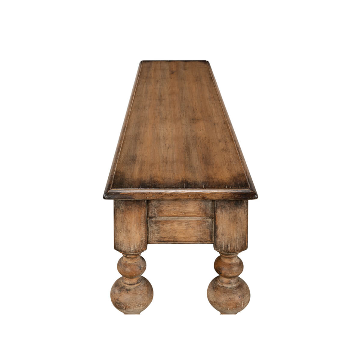 Narrow end view of rustic pine console table.