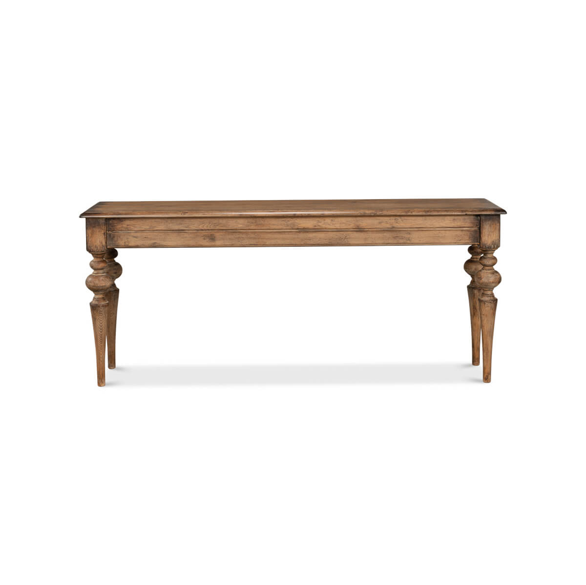 Front view of rustic pine console table.