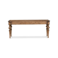 Front view of rustic pine console table.