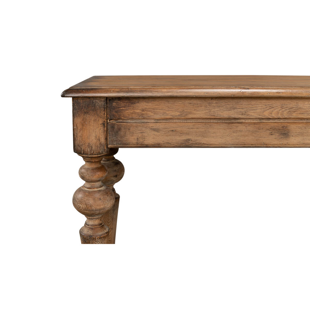 Close-up of side details on rustic pine console table.