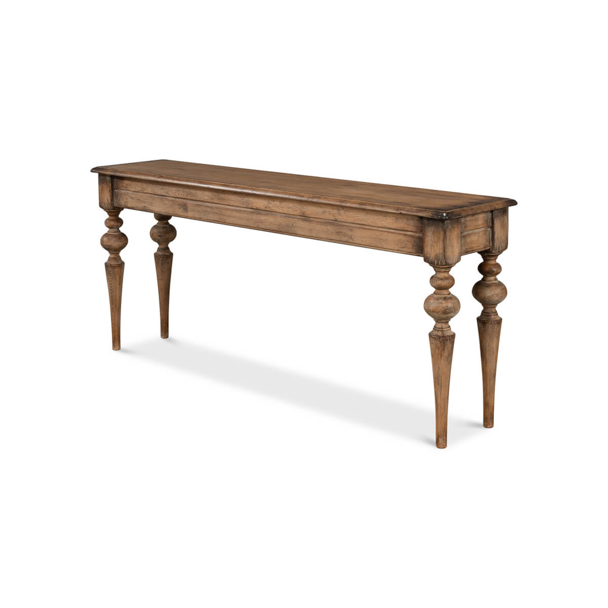 Rustic pine console table angled from opposite side.