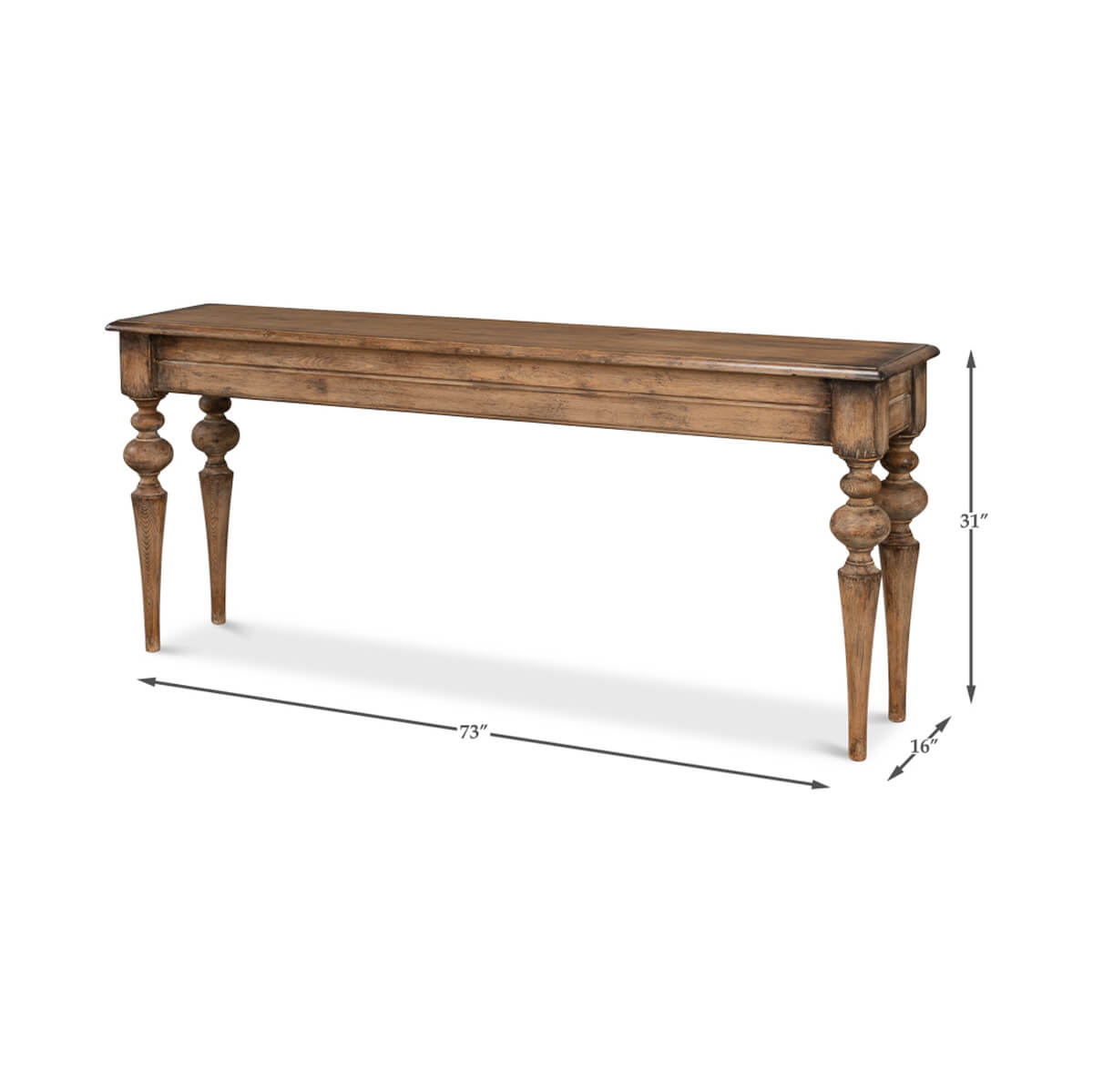 Rustic pine console table dimensions and side view.
