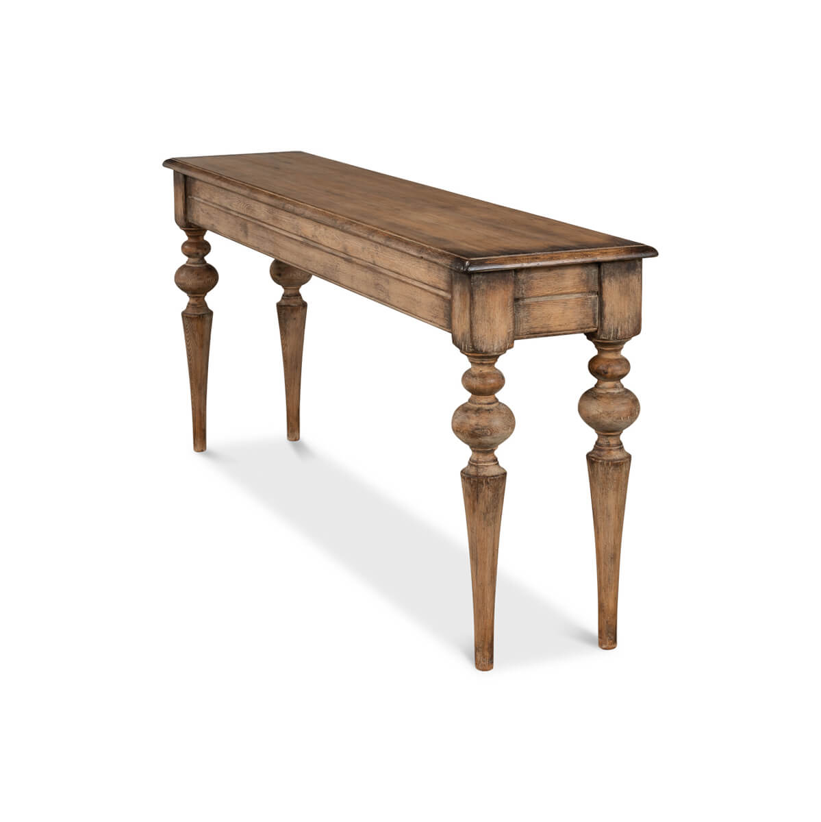 Angled side view of rustic pine console table.