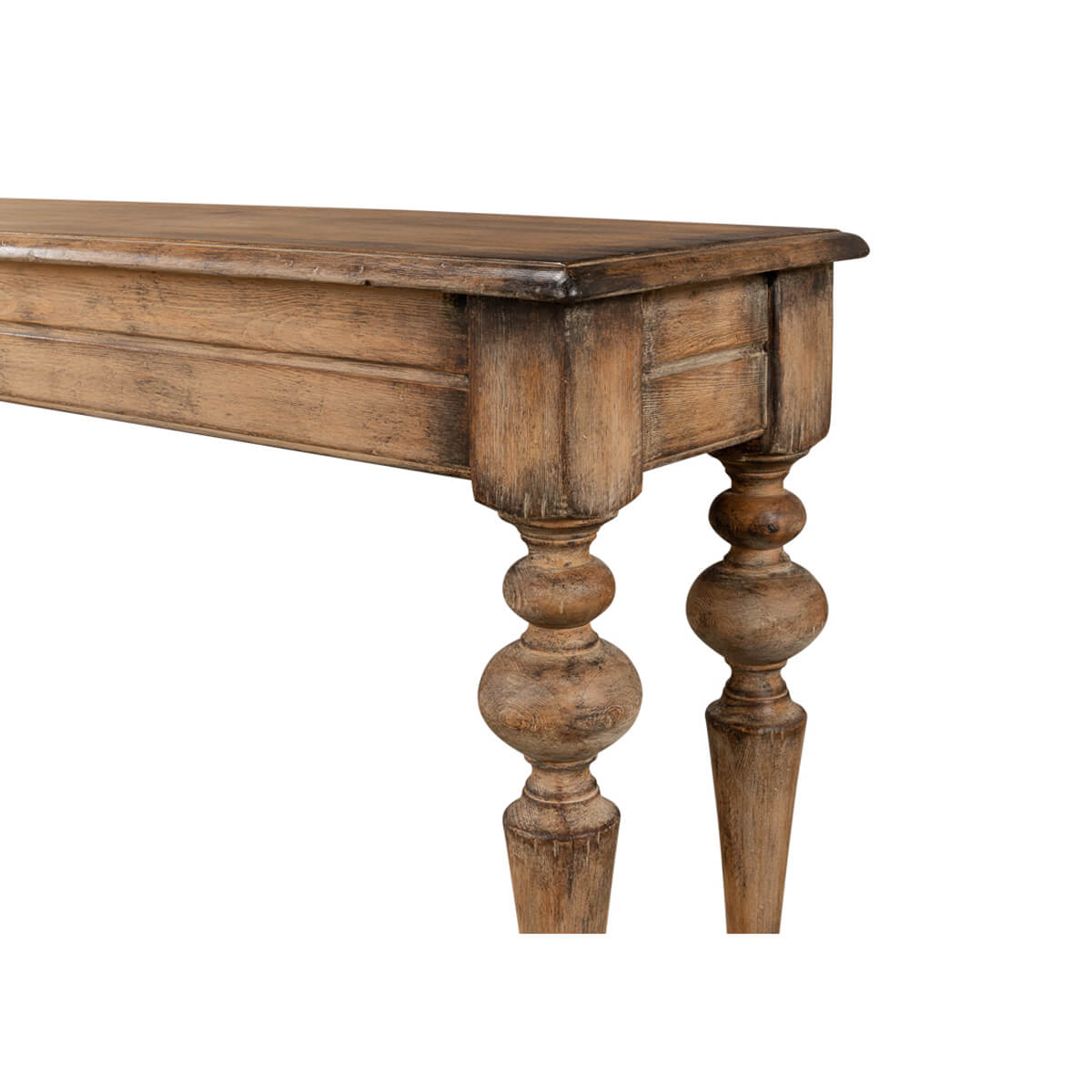 Detailed leg view of rustic pine console table.